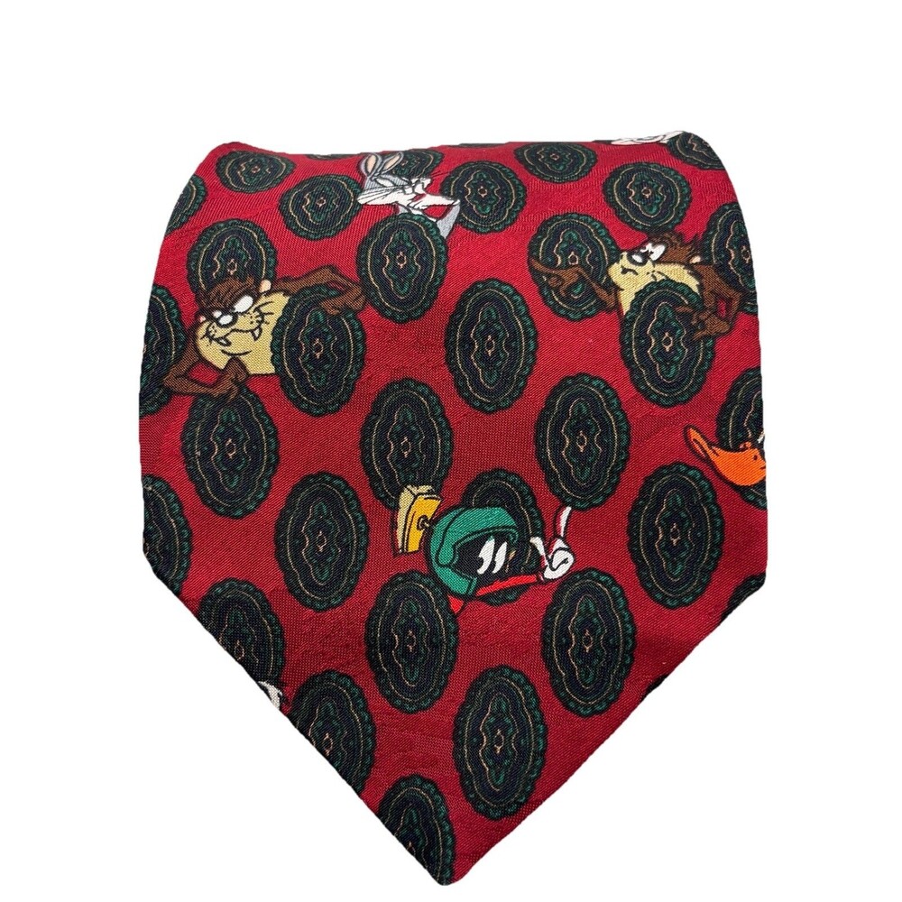 Vintage 1994 Looney Tunes Mania Silk-Look Burgundy Paisley Tie Bugs Marvin Taz
